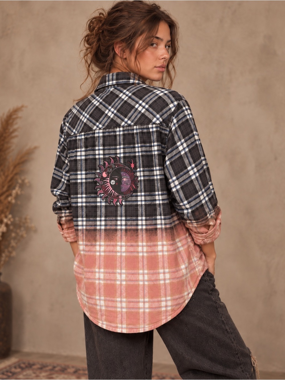 BDG Upcycled Celestial Plaid Flannel Shirt Shacket Women’s M boho